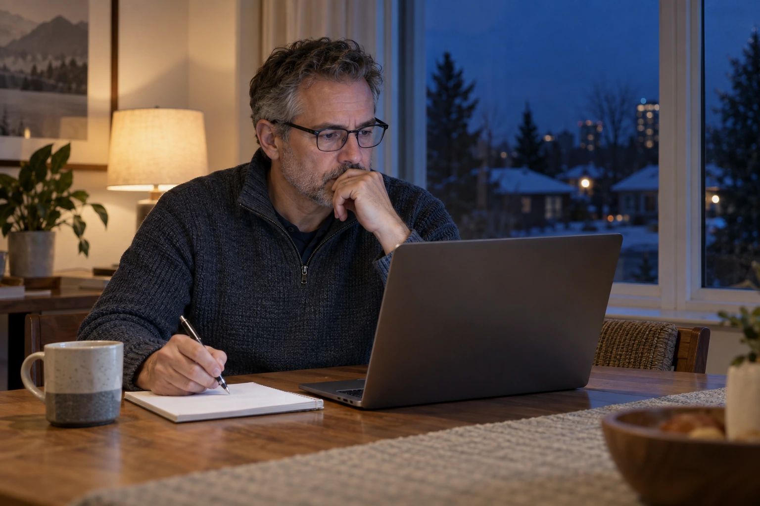 Man using a laptop and making notes at a dining table in the evening.