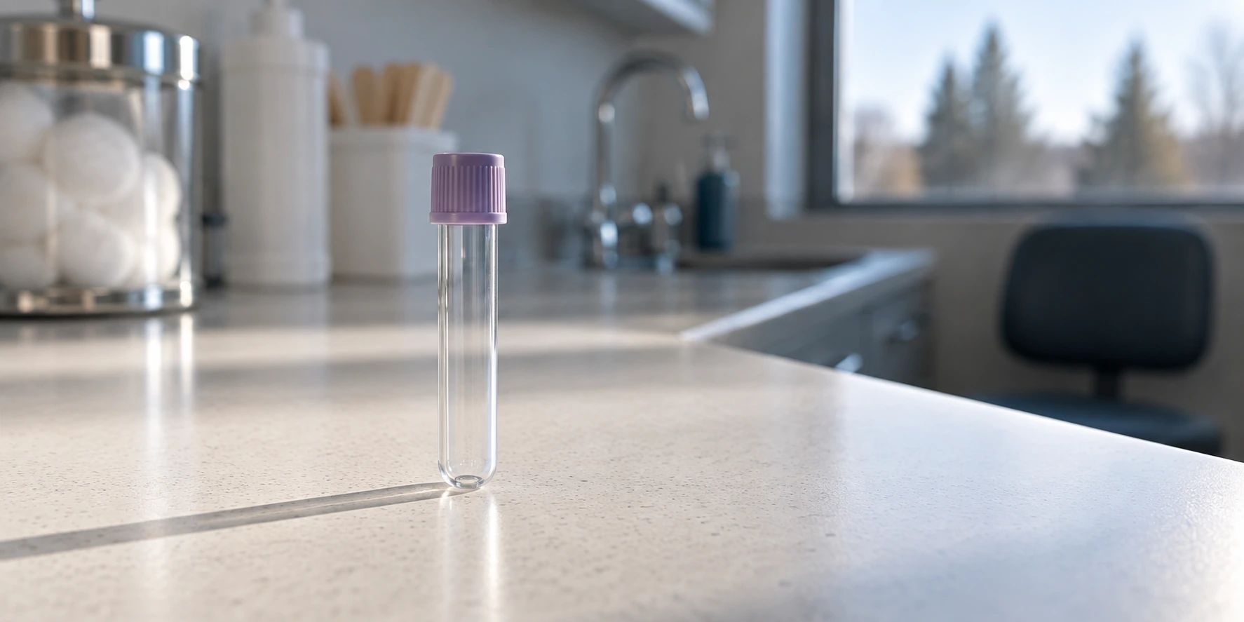 Empty specimen tube on a clinic counter in morning light.