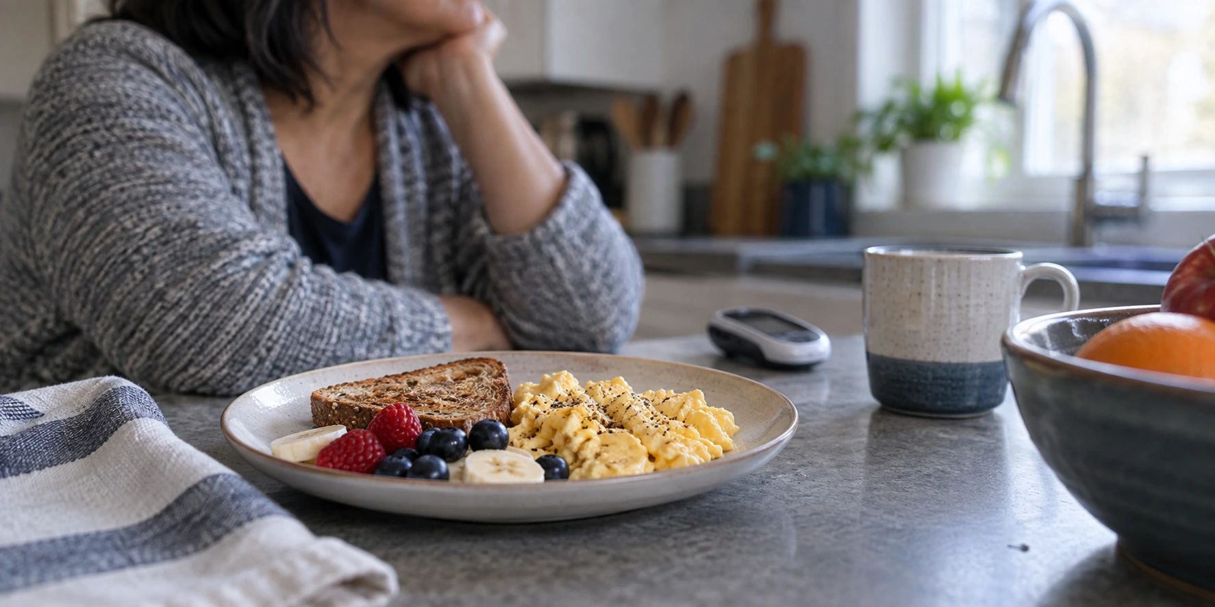 Breakfast plate beside a small handheld device on a kitchen counter.