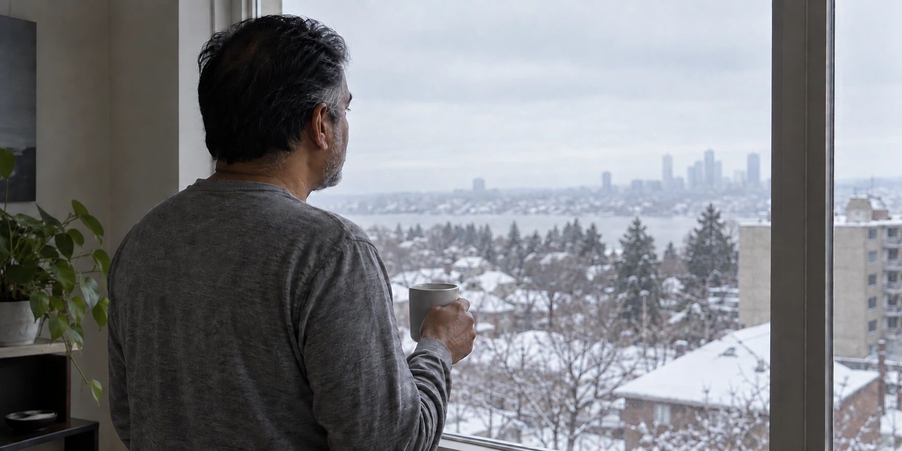 Man holding a mug and looking through a window at a snowy neighbourhood.