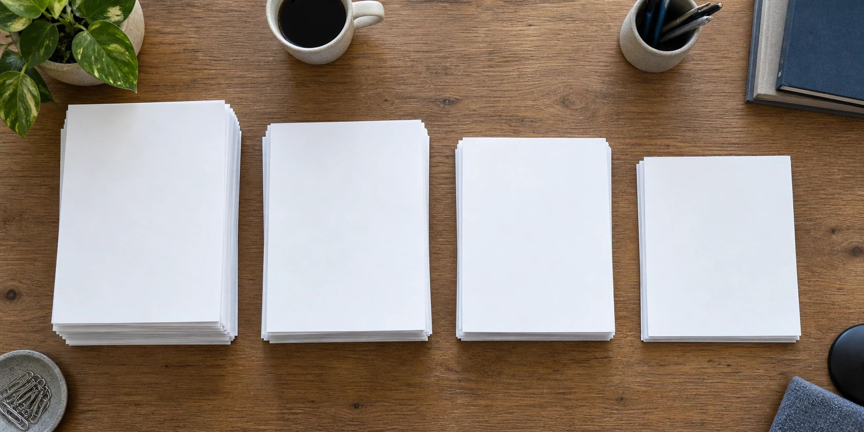 Four separate stacks of papers arranged side by side on a desk.