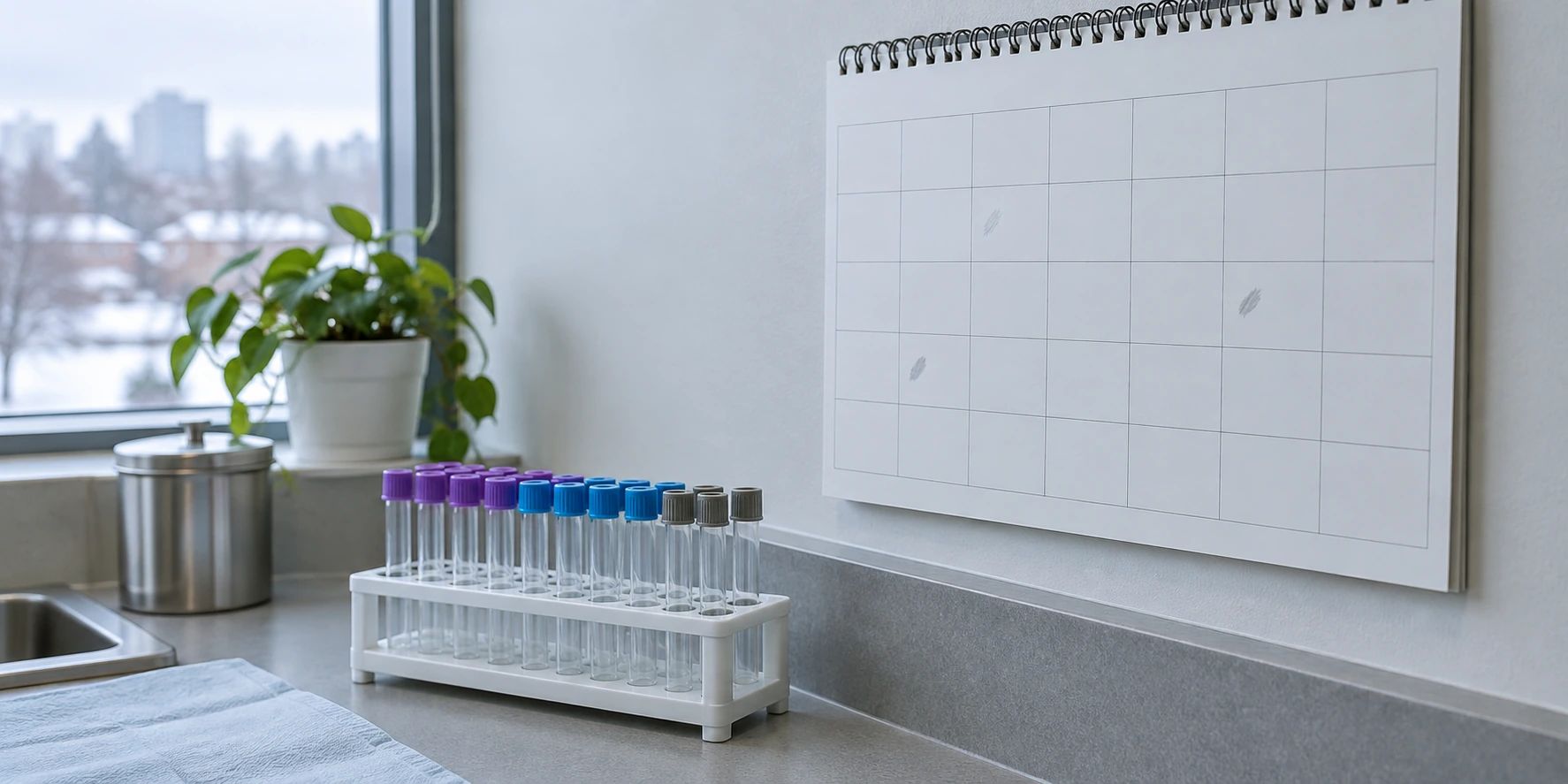 Undated wall calendar with pencil marks above a rack of empty specimen tubes.