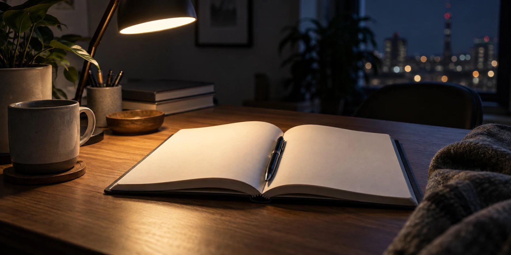 Open book with blank pages and a pen beneath a desk lamp.