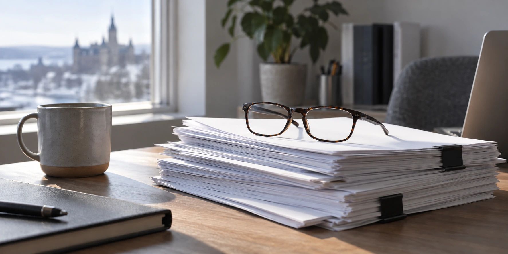 Reading glasses resting on a stack of papers on a desk.