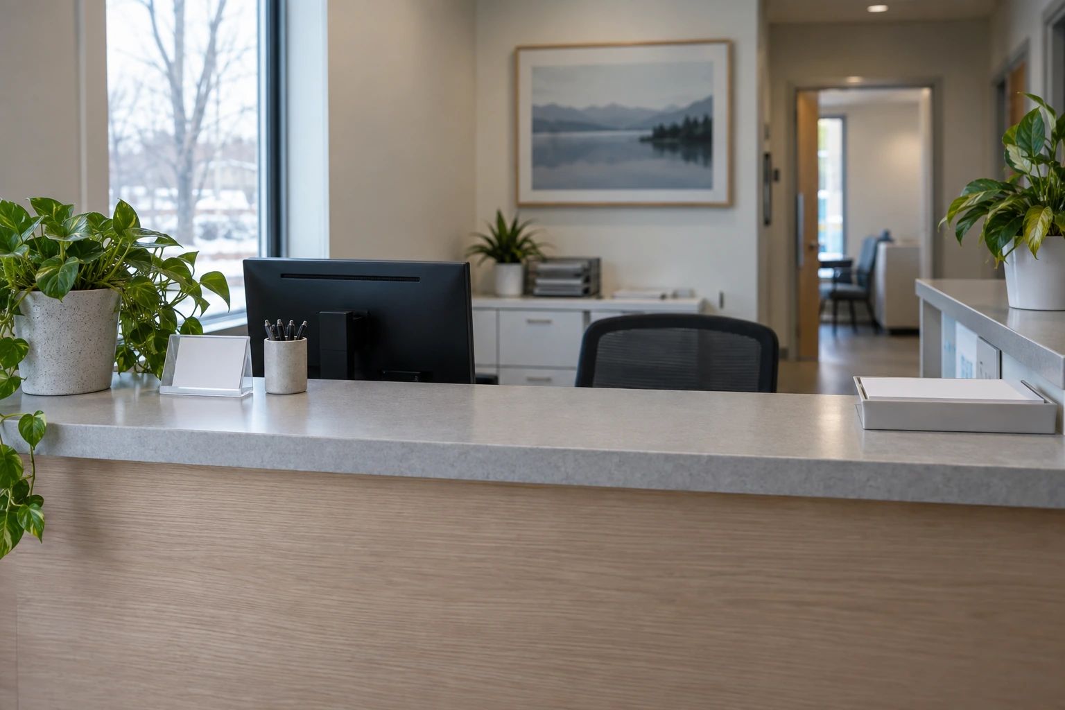 Plain reception counter, empty chair and plants in a clinic.