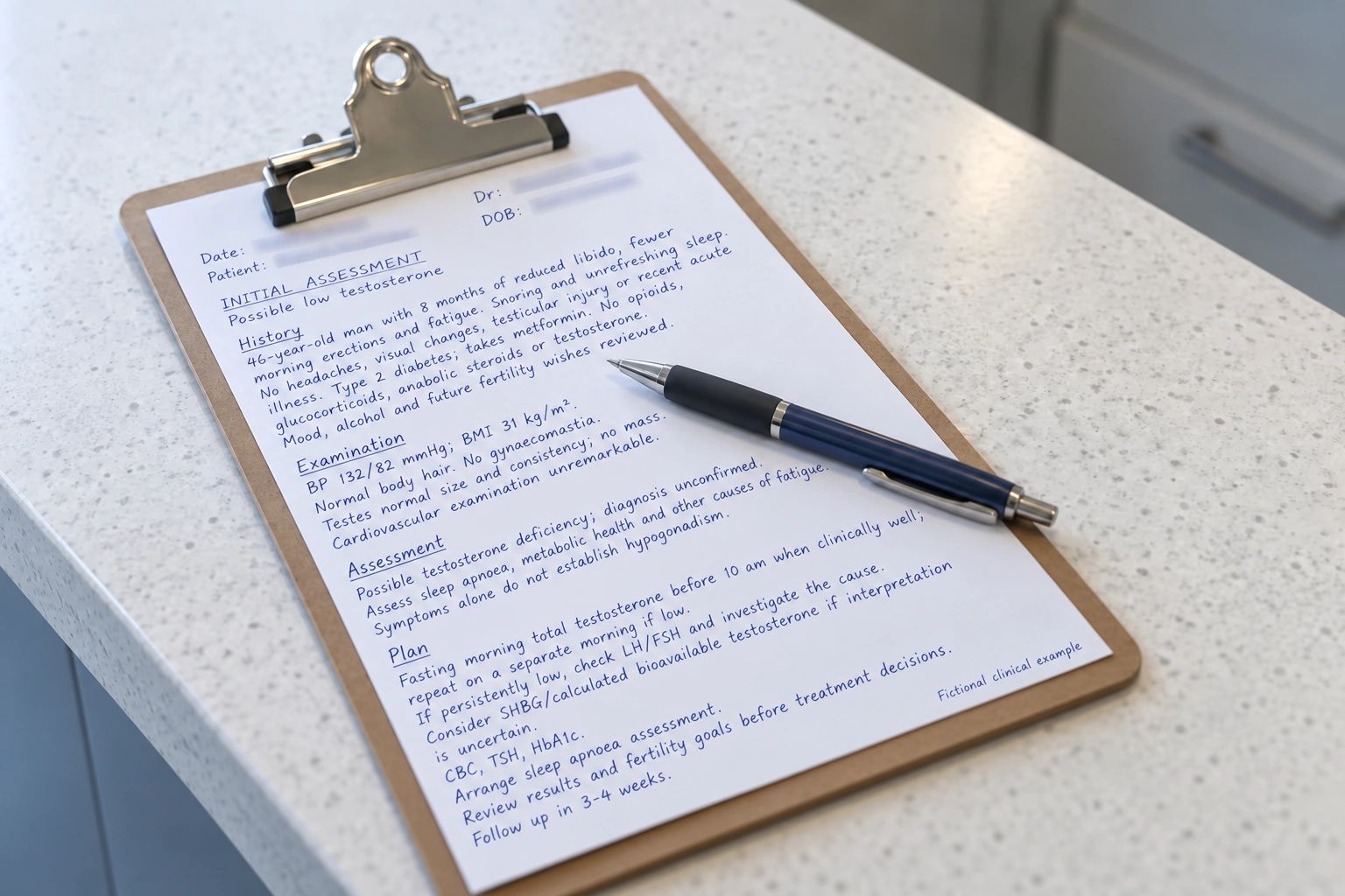 Handwritten clinical assessment on a clipboard, with patient and doctor details blurred and a pen resting across the page.