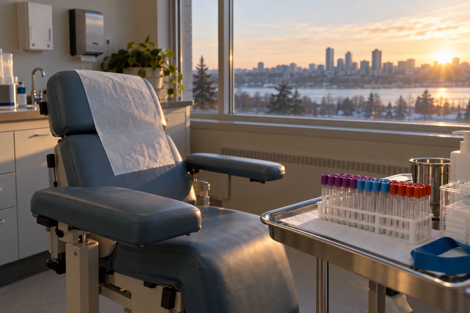 Blood collection chair and a rack of empty specimen tubes in morning light.