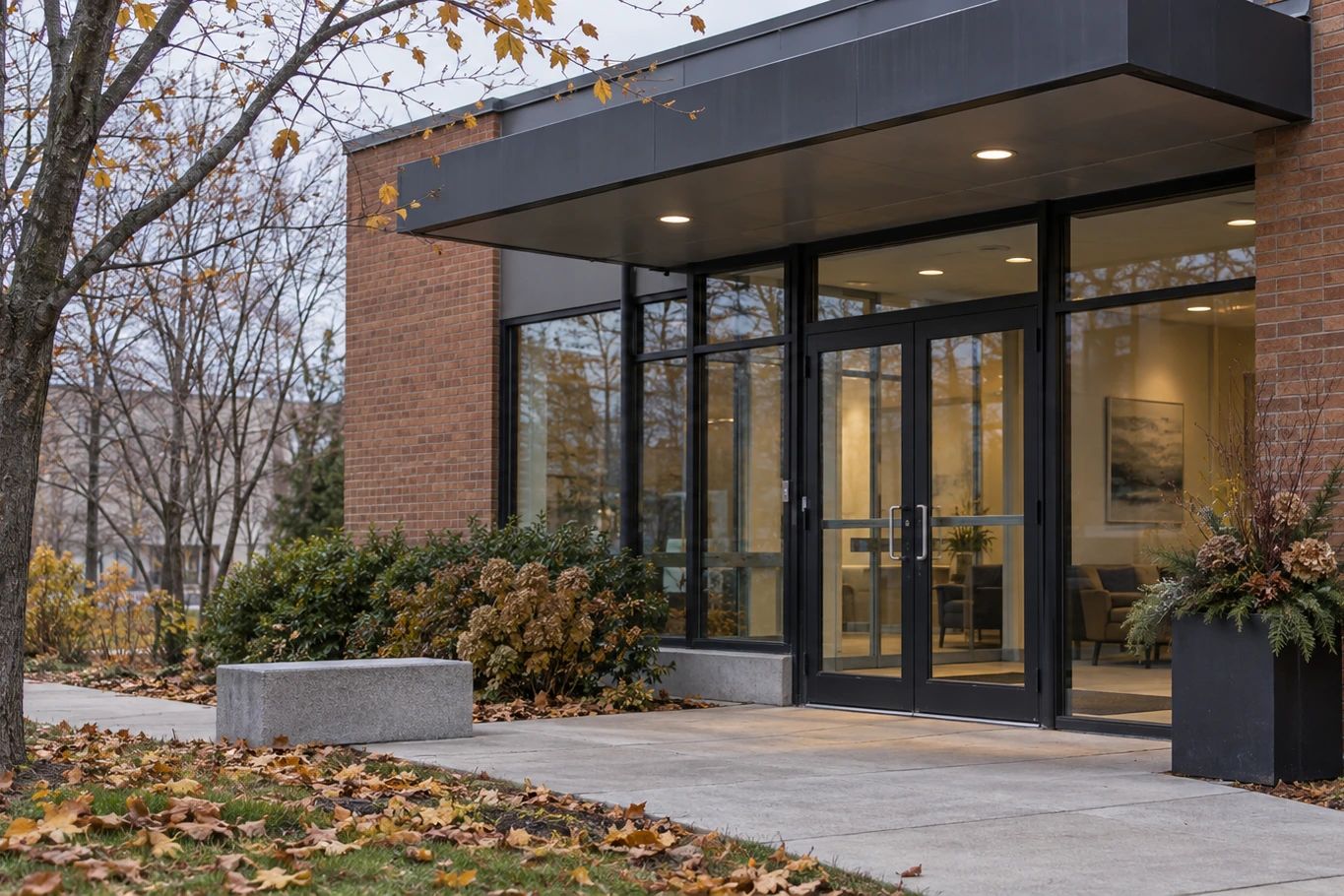 Brick-and-glass building entrance beside sparse autumn trees.