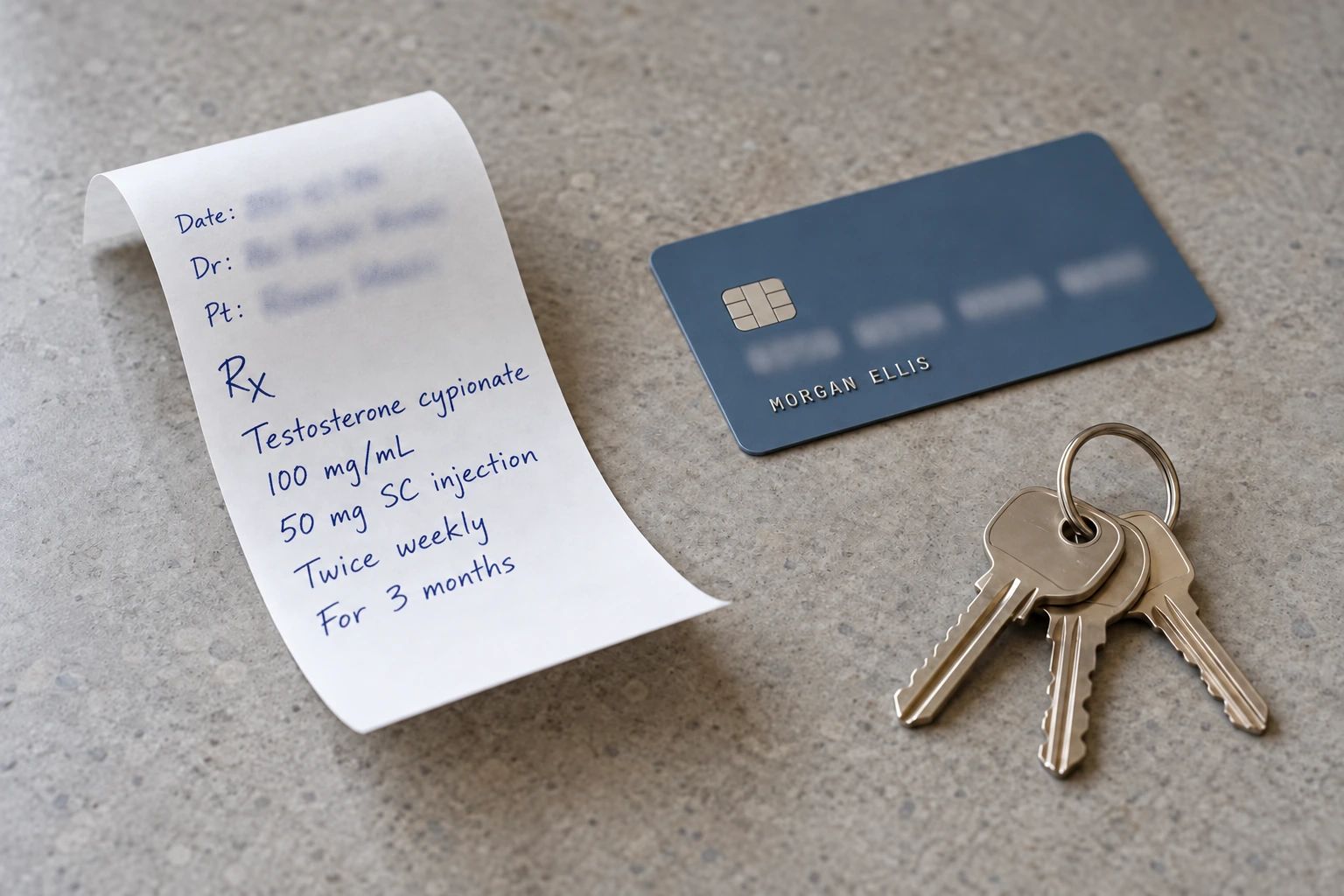 Handwritten prescription-style note with personal details blurred beside a credit card with its number blurred and a set of keys.