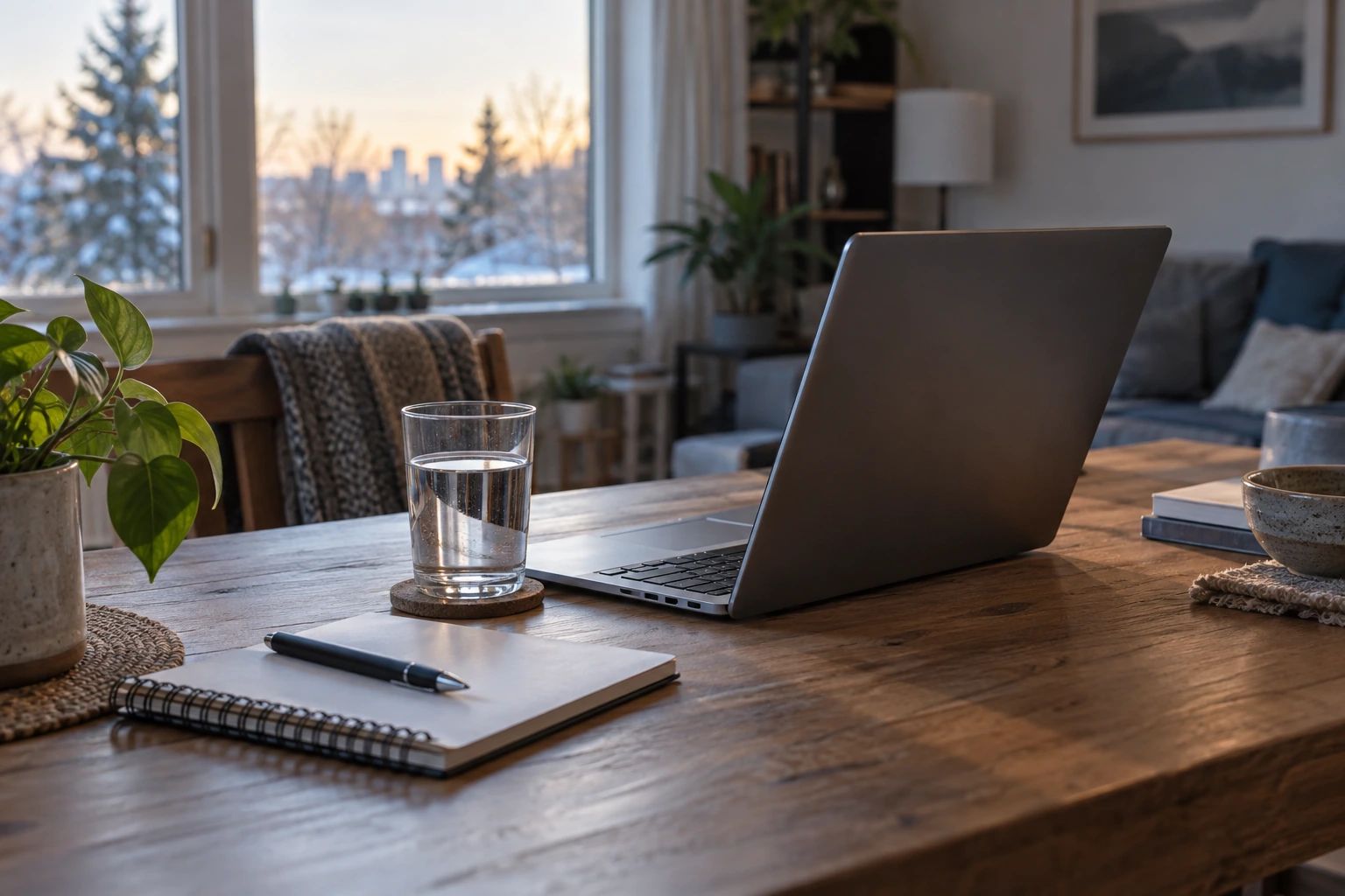 Open laptop facing away on a wooden table beside a notebook and glass of water.