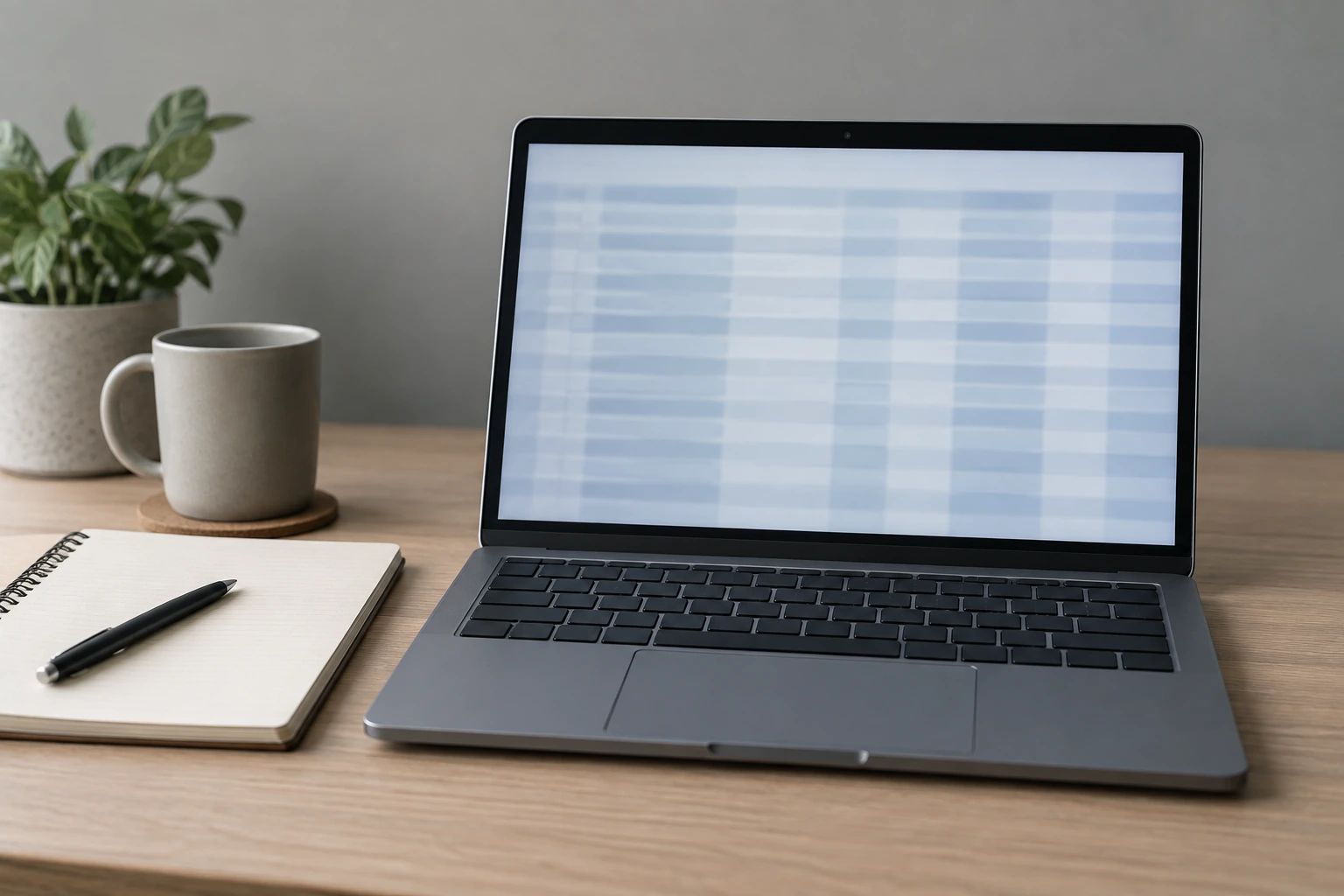 Laptop showing an abstract pale grid beside a notebook.