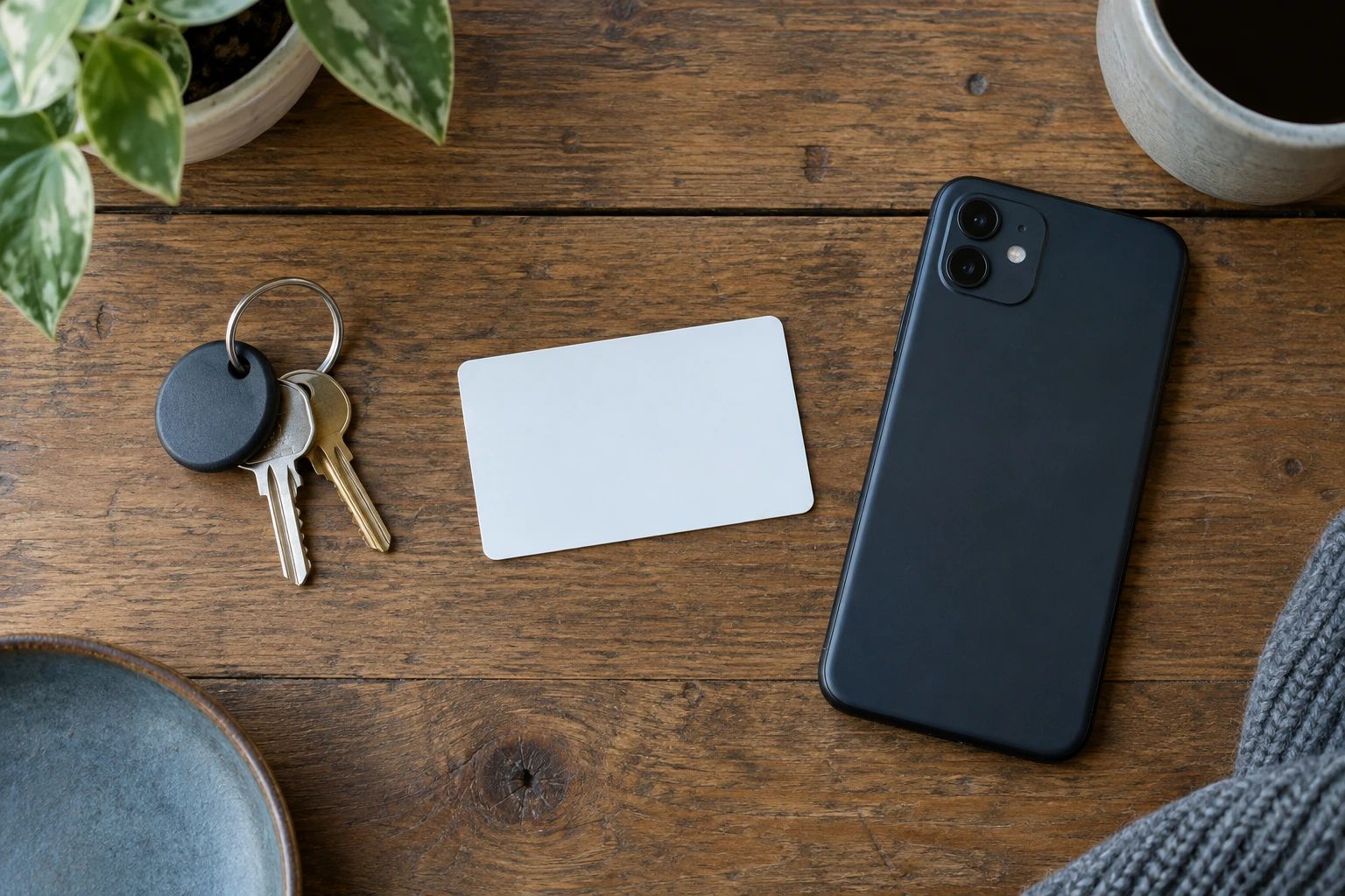 Blank plastic card, face-down phone and keys on a wooden table.