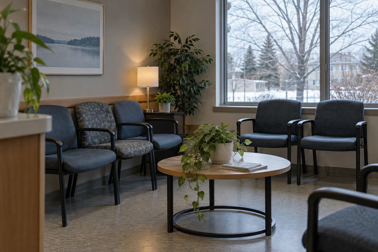 Empty upholstered chairs and a low table in a clinic waiting area.