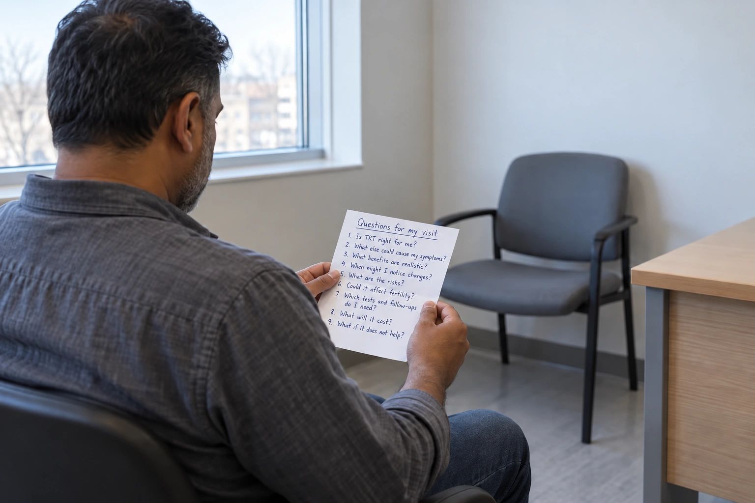 Man holding a handwritten list of questions about TRT while seated in a consultation room.