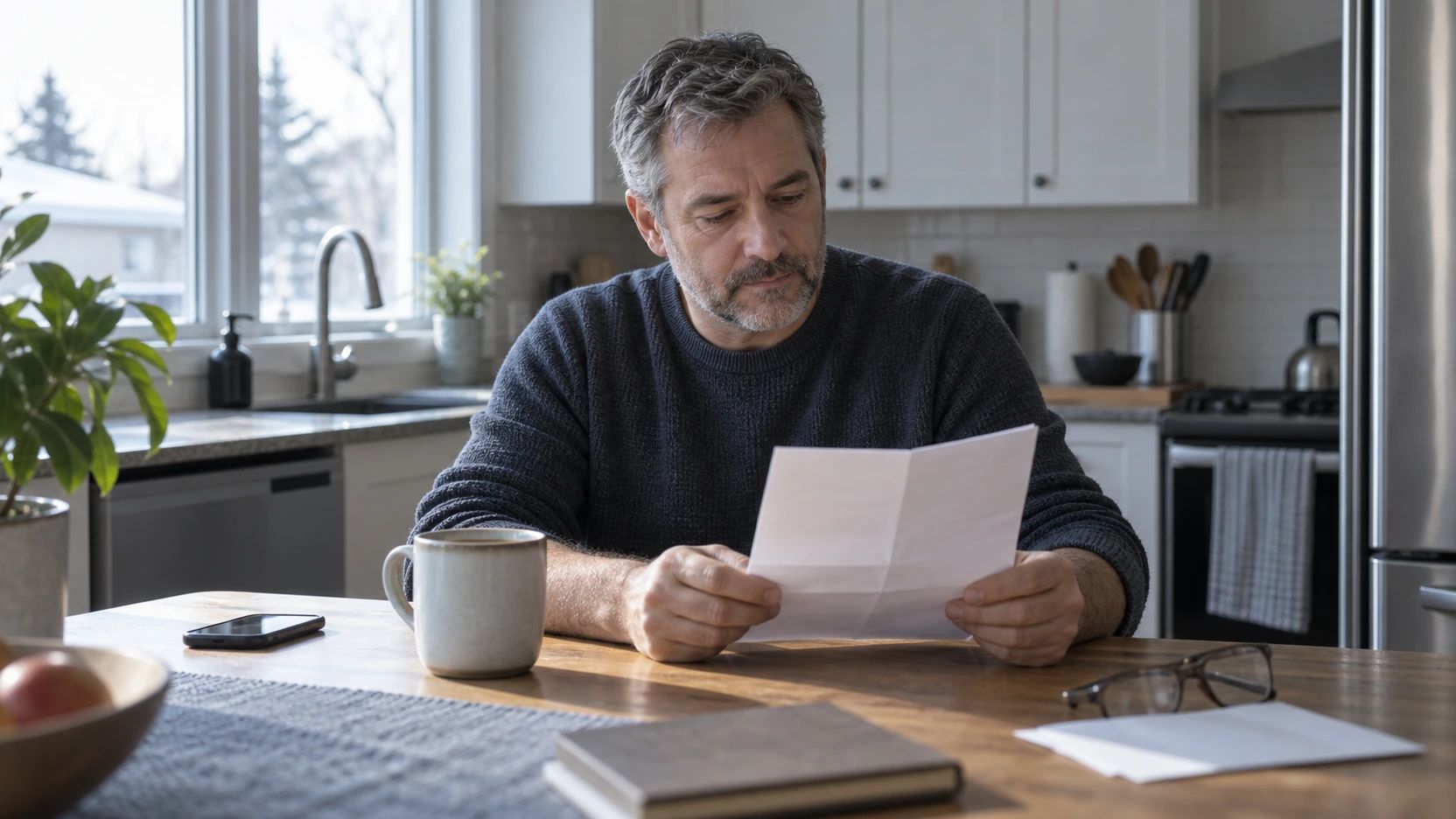 Man reading a folded sheet of paper at a kitchen table beside a mug.