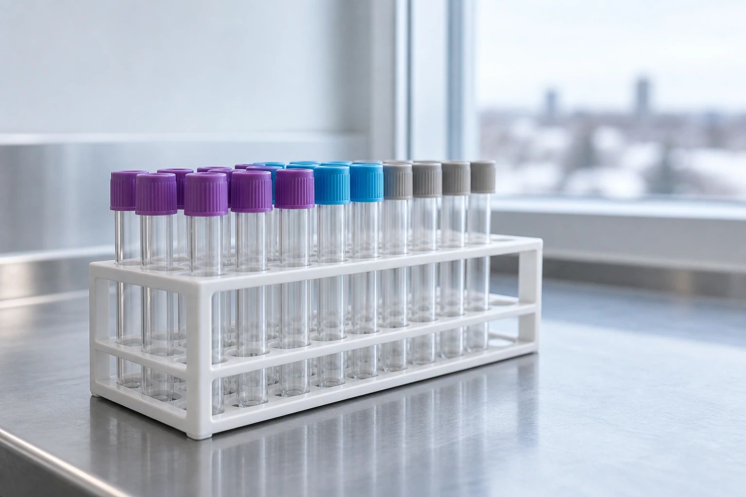 Rack of empty specimen tubes on a laboratory bench.